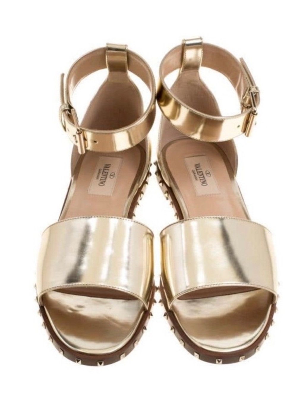Valentino Garavani Metallic Gold Leather Stud-Trim Ankle-Strap Sandals